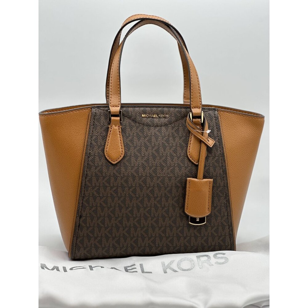 Michael Kors Taryn Small Signature Logo and Leather Tote Crossbody Brown Acorn